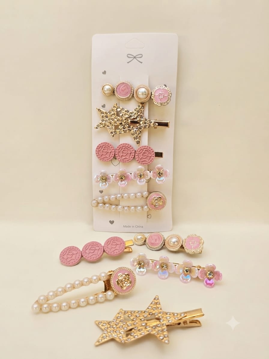 KidZilan elegant pearl and crystal hair clip set, 5-piece, rose, view 2