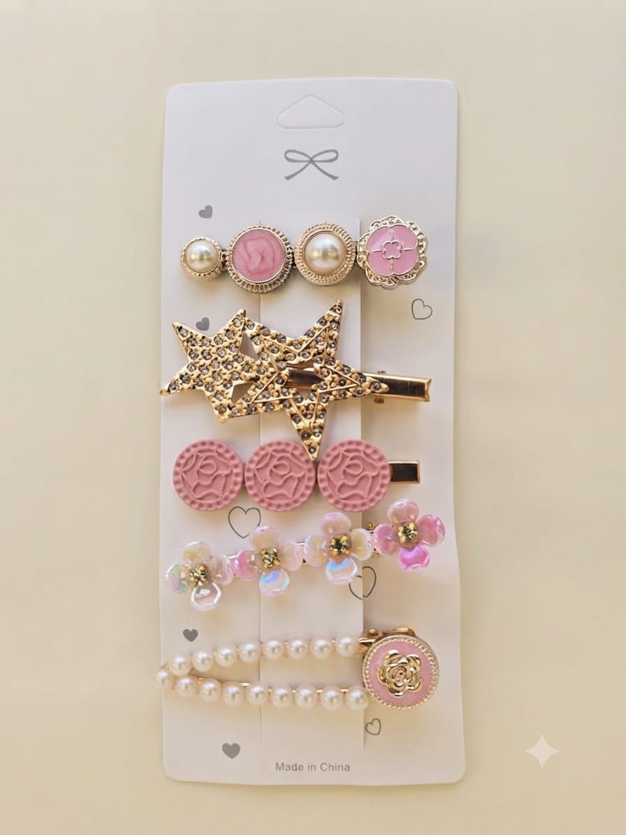 KidZilan elegant pearl and crystal hair clip set, 5-piece, rose, view 1