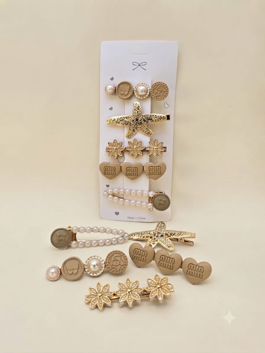 KidZilan elegant pearl and crystal hair clip set, 5-piece, beige, view 2