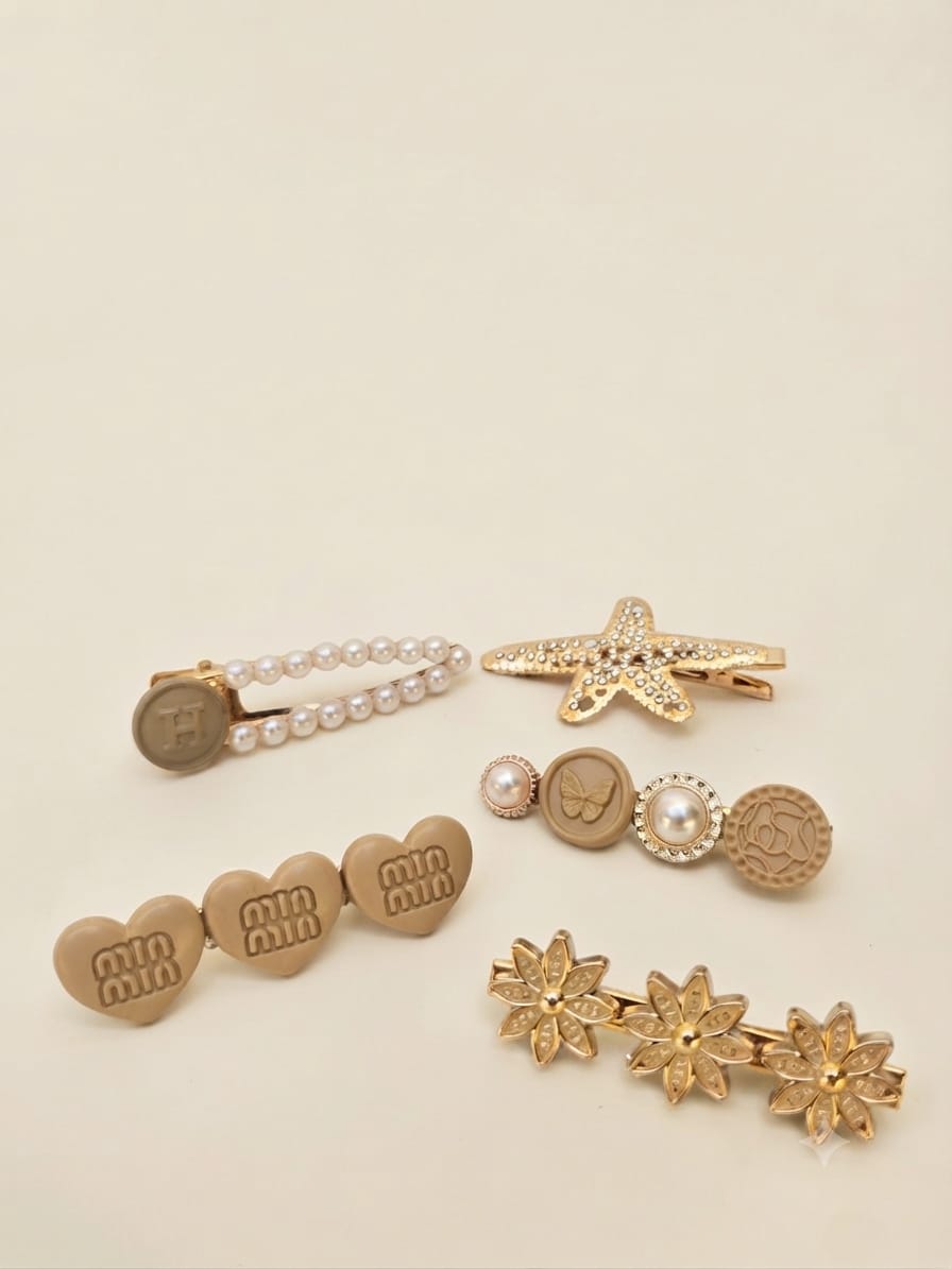 KidZilan Elegant Pearl & Crystal Hair Clip Set (5-Piece) - Beige