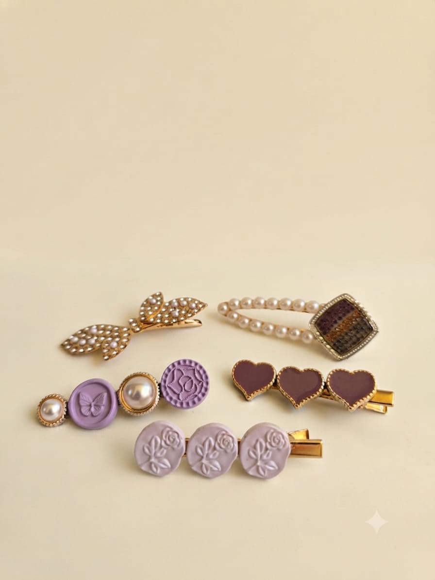 KidZilan Elegant Pearl & Crystal Hair Clip Set (5-Piece) - Lavender