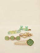 KidZilan Elegant Pearl & Crystal Hair Clip Set (5-Piece) - Mint Green