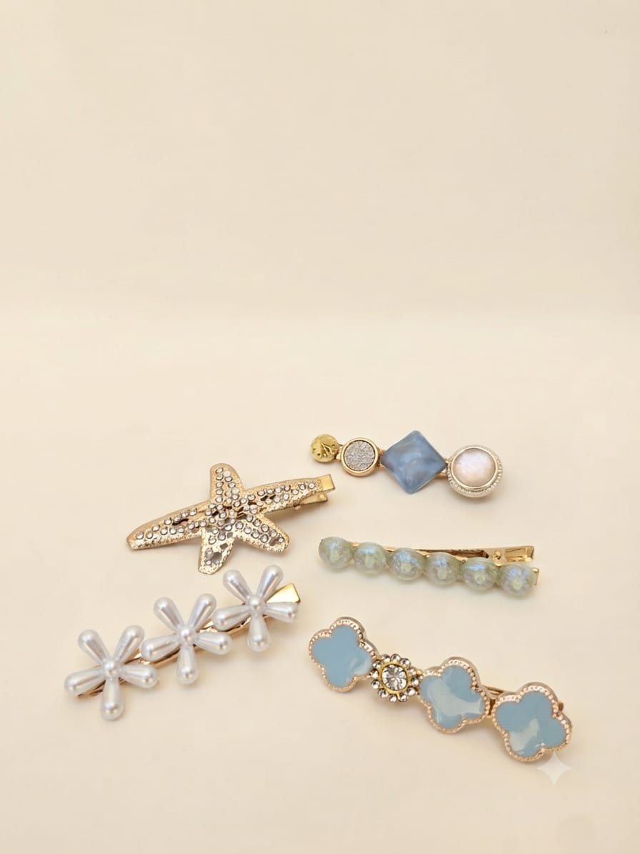 KidZilan elegant pearl and crystal hair clip set, 5-piece, light blue, view 2