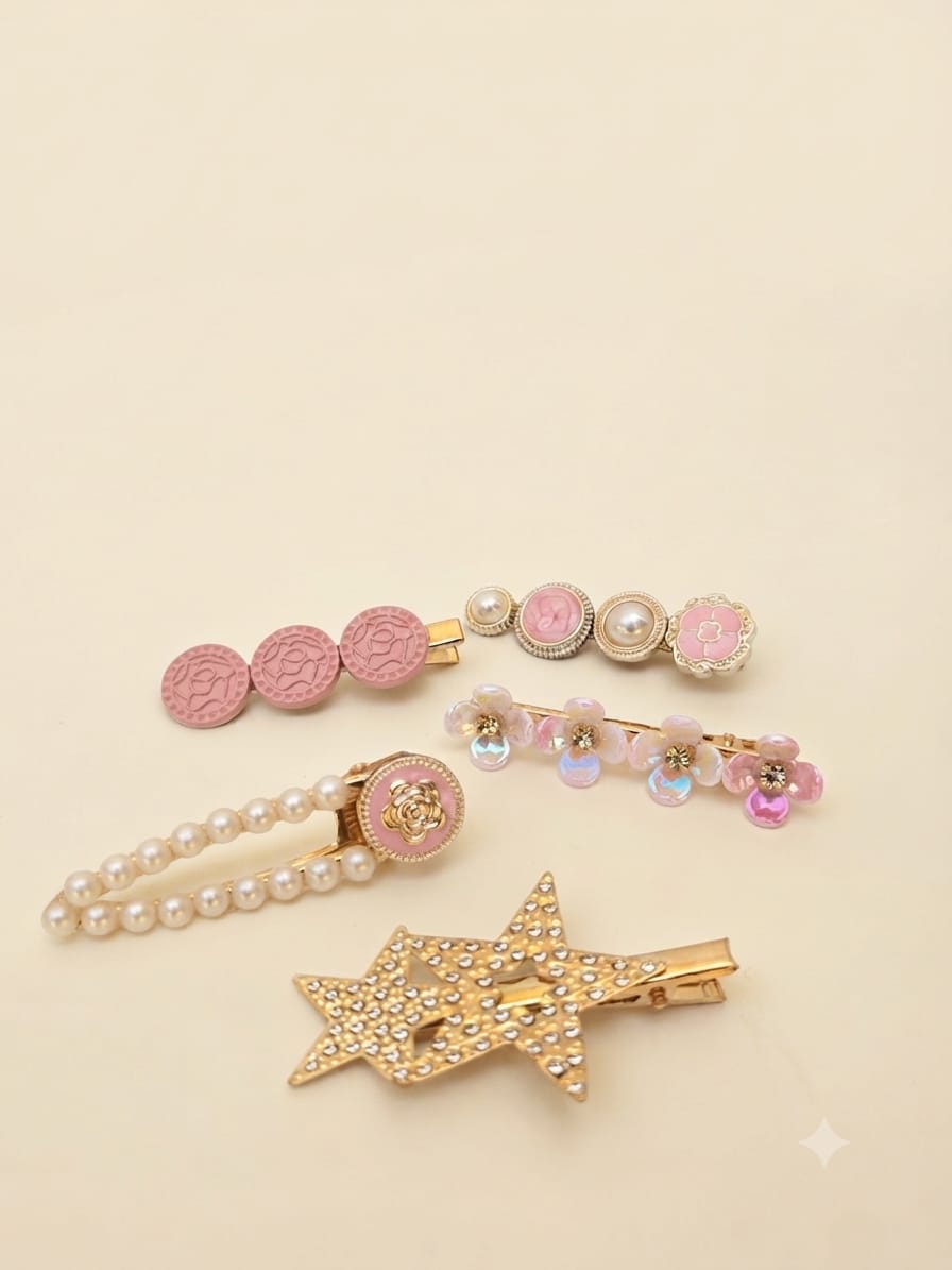 KidZilan Elegant Pearl & Crystal Hair Clip Set (5-Piece) - Rose