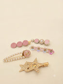 KidZilan Elegant Pearl & Crystal Hair Clip Set (5-Piece) - Rose