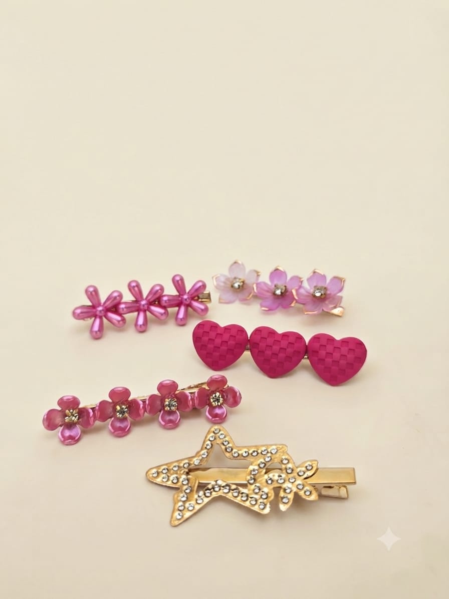 KidZilan Elegant Pearl & Crystal Hair Clip Set (5-Piece) - Fuchsia