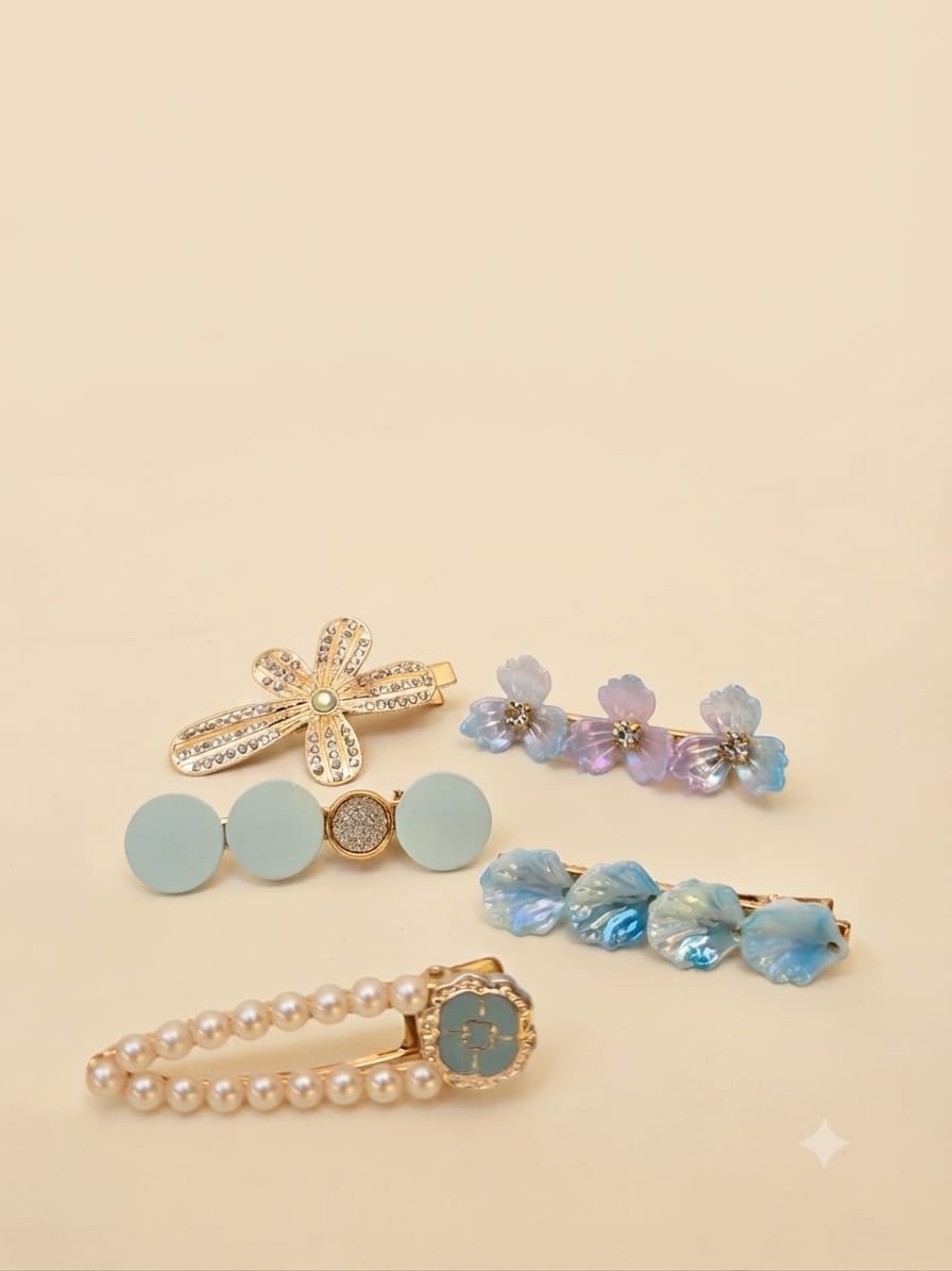 KidZilan Elegant Pearl & Crystal Hair Clip Set (5-Piece) - Aqua