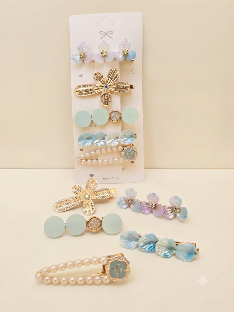 KidZilan elegant pearl and crystal hair clip set, 5-piece, aqua, view 2