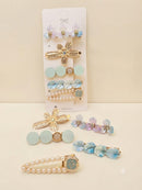 KidZilan Elegant Pearl & Crystal Hair Clip Set (5-Piece) - Aqua