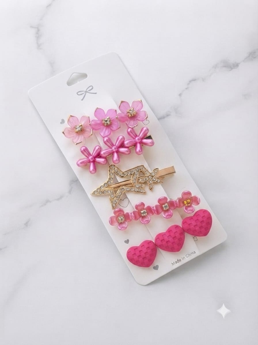 KidZilan Elegant Pearl & Crystal Hair Clip Set (5-Piece) - Fuchsia