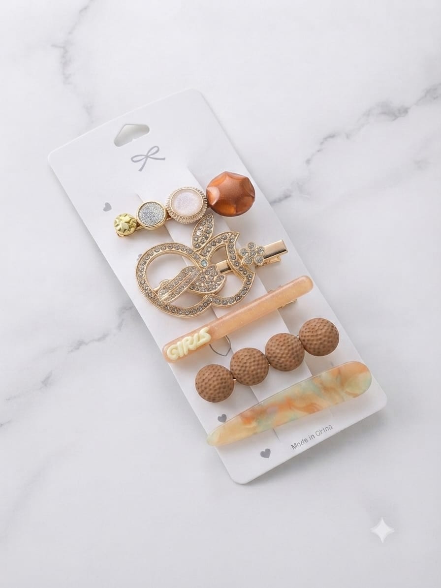 KidZilan Elegant Pearl & Crystal Hair Clip Set (5-Piece) - Caramel