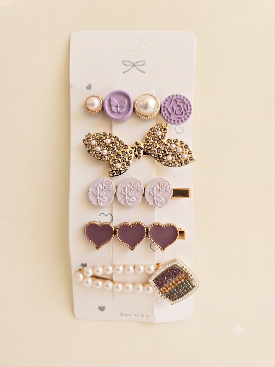 KidZilan elegant pearl and crystal hair clip set, 5-piece, lavender, view 1