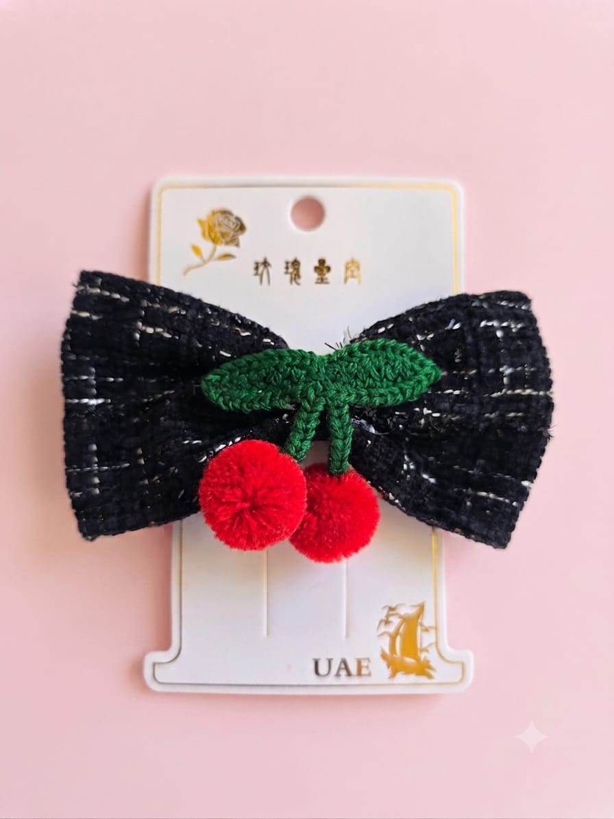 KidZilan tweed bow and cherry pom-pom hair clip, black tweed, view 2