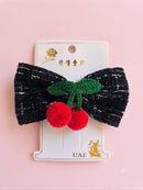 KidZilan Tweed Bow & Cherry Pom-Pom Hair Clip - Black Tweed