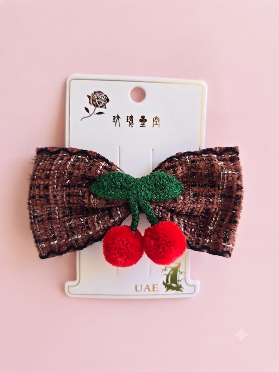 KidZilan tweed bow and cherry pom-pom hair clip, brown tweed, view 2