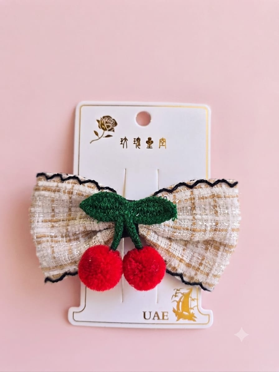 KidZilan tweed bow and cherry pom-pom hair clip, beige tweed, view 2