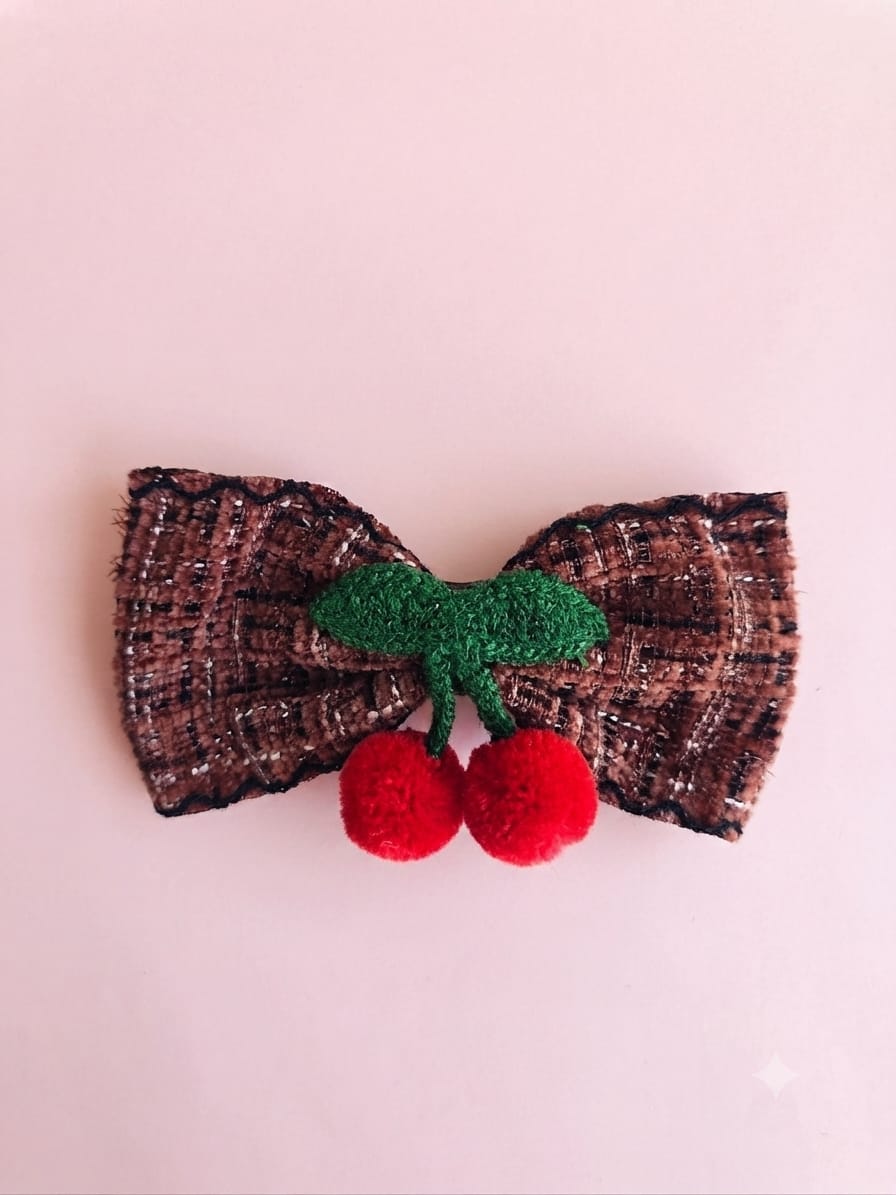 KidZilan tweed bow and cherry pom-pom hair clip, brown tweed, view 1