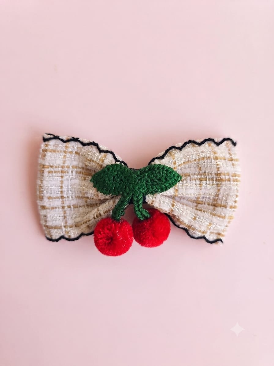 KidZilan tweed bow and cherry pom-pom hair clip, beige tweed, view 1