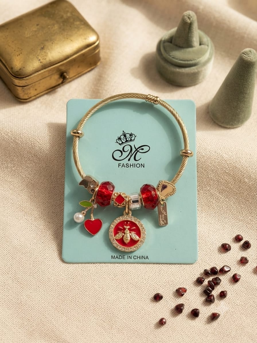 KidZilan Fashion Charms & Beads Bracelet Collection - Gold Red Bee