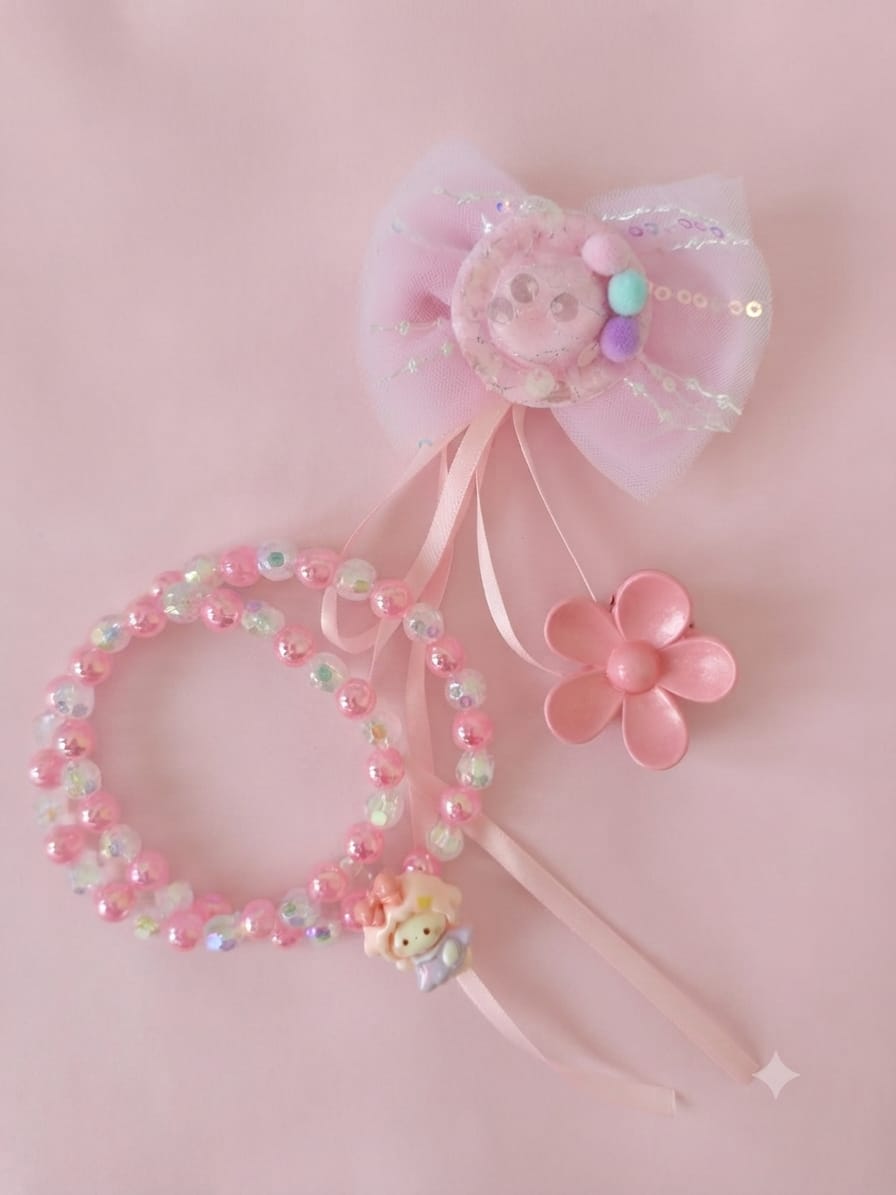 Princess Dreams Bow, Bracelet & Hair Tie Styling Set - Sakura Pink