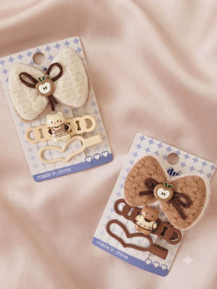 Warm Autumn Knitted Bow & Animal Hair Clip Set