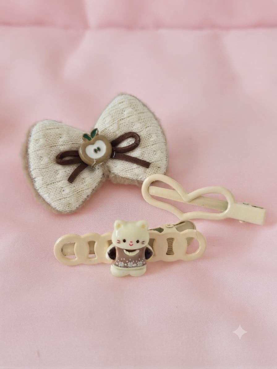 Warm Autumn Knitted Bow & Animal Hair Clip Set
