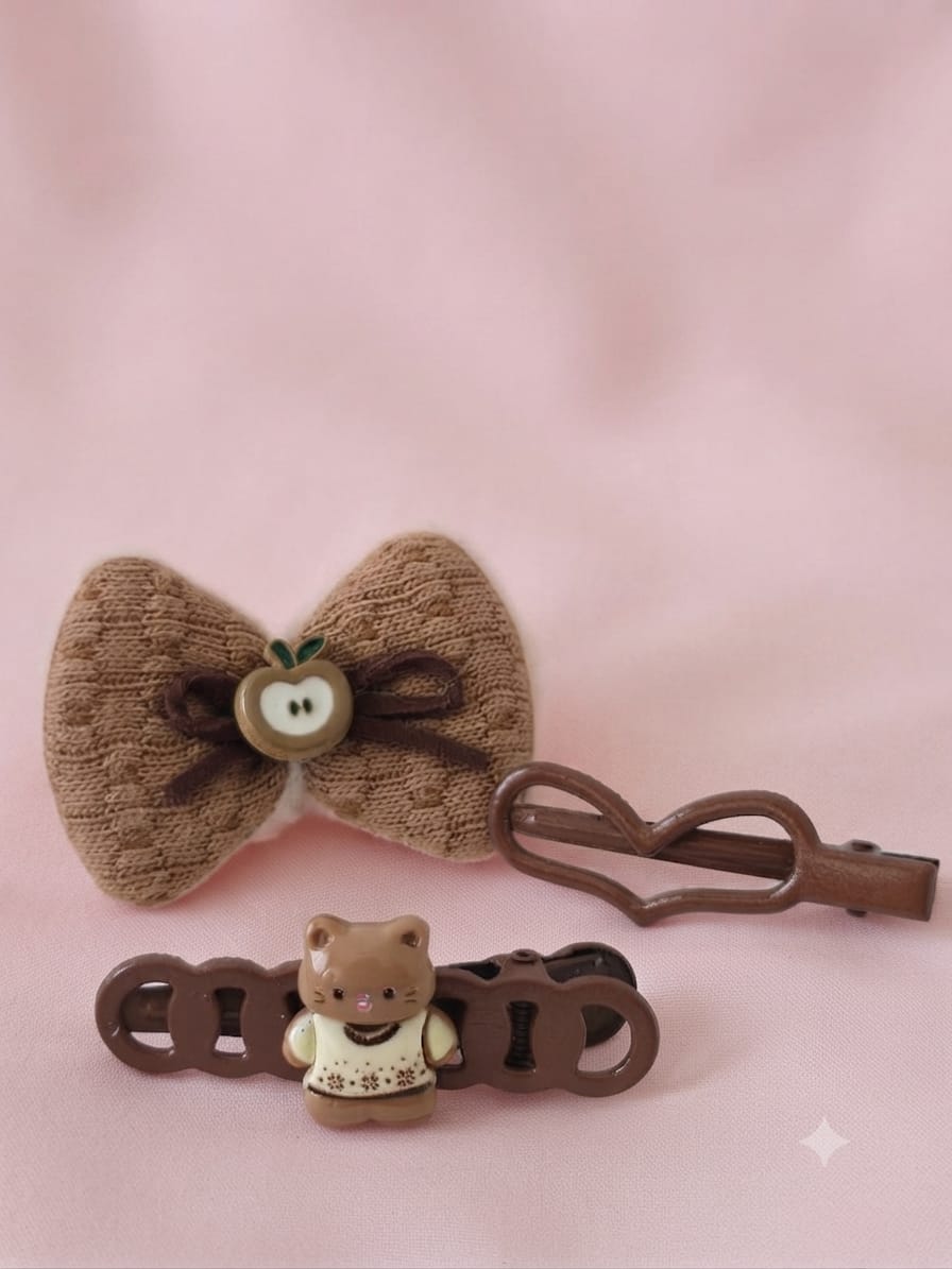 Warm Autumn Knitted Bow & Animal Hair Clip Set
