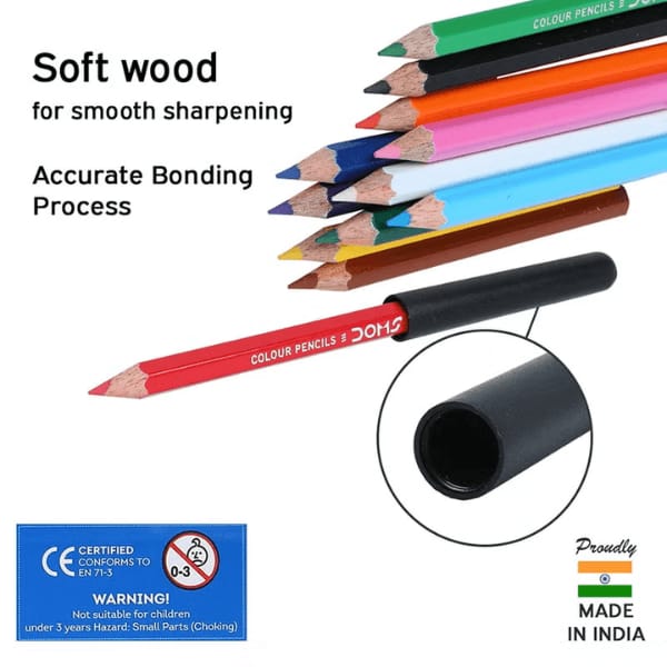 DOMS 12 SHADES HALF-SIZE MINI COLOUR PENCILS SET WITH EXTENDER & SHARPENER