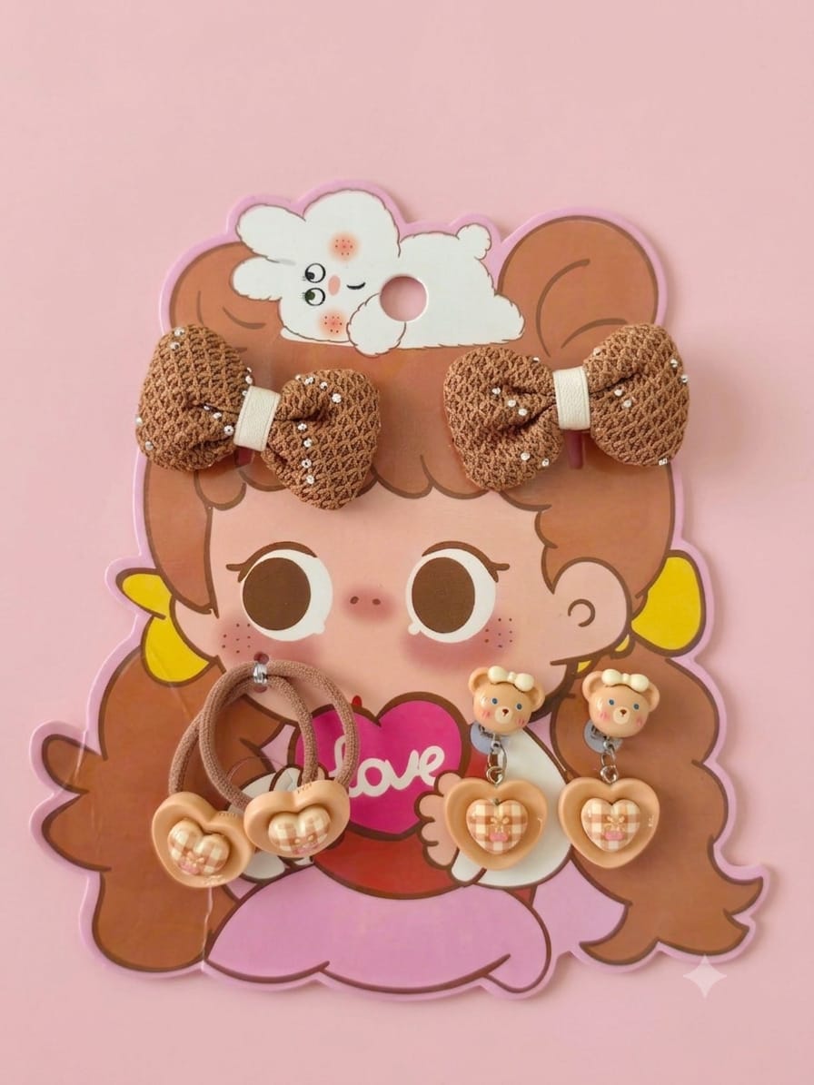 Kidzilan Sweet Bear Cozy Hair Accessories & Clip-On Earring Set