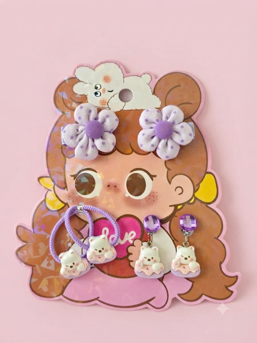 Kidzilan Sweet Bear Cozy Hair Accessories & Clip-On Earring Set