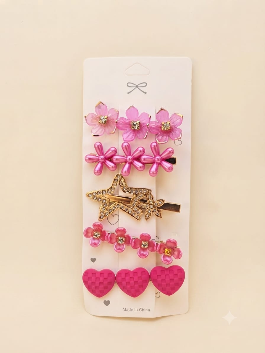 KidZilan Elegant Pearl & Crystal Hair Clip Set (5-Piece) - Fuchsia