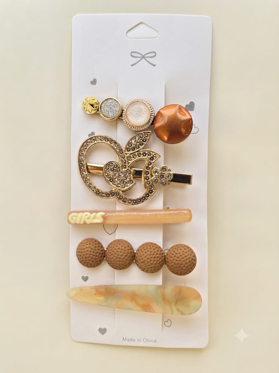 KidZilan Elegant Pearl & Crystal Hair Clip Set (5-Piece) - Caramel