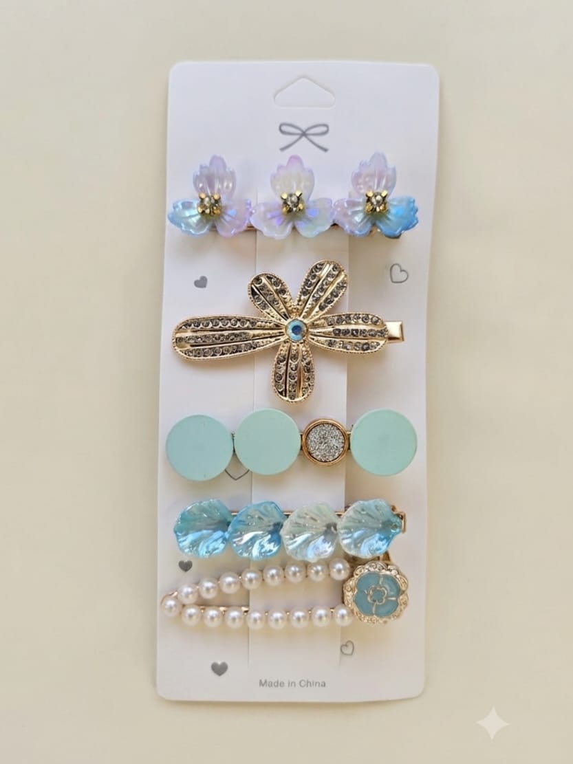 KidZilan Elegant Pearl & Crystal Hair Clip Set (5-Piece) - Aqua