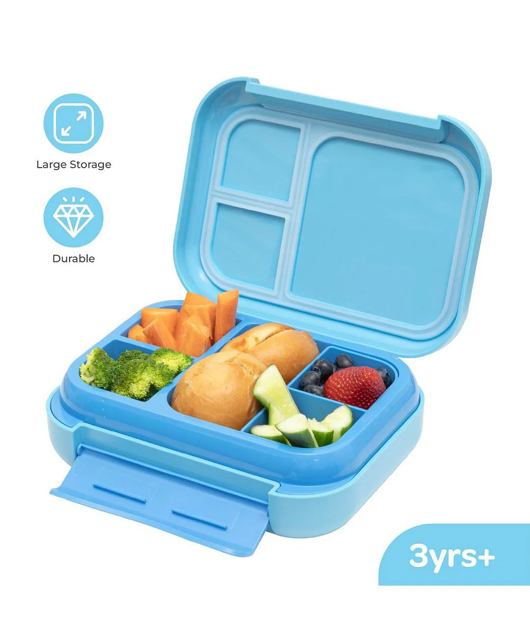 Happy Tummies bento lunch box, blue open compartments