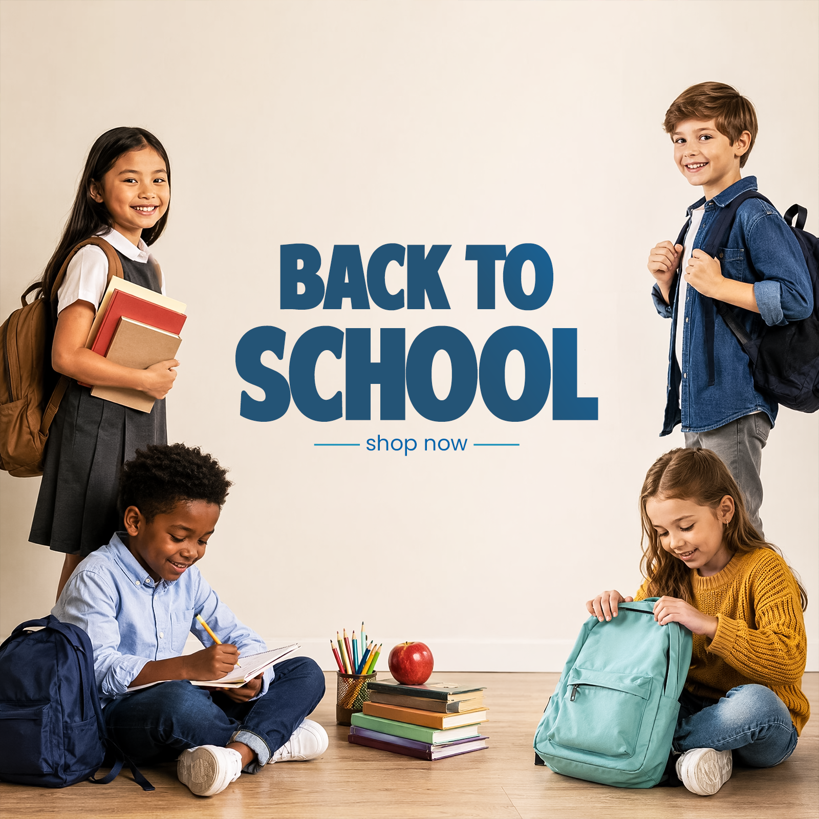 Four children wearing backpacks and school clothes pose with books, pencils, and an apple in a studio setting, with the text 'BACK TO SCHOOL shop now' on a light beige background.
