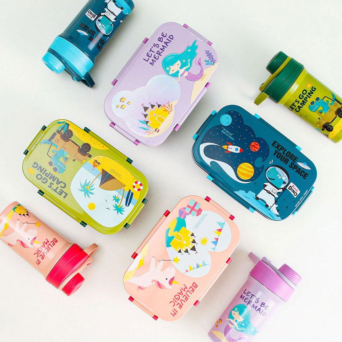 KidZilan 3-compartment bento box and matching water bottle set, main view