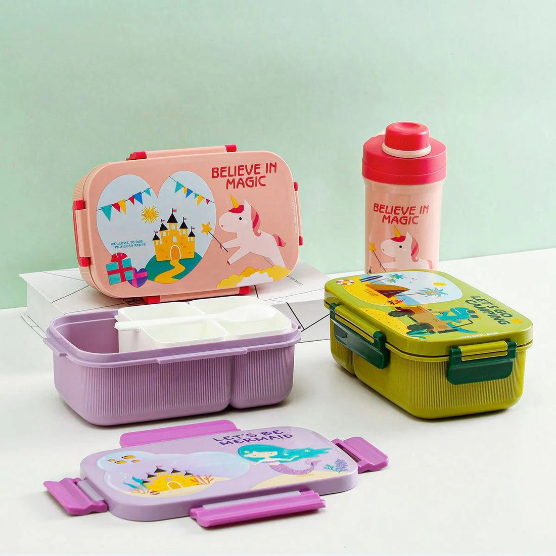 KidZilan 3-compartment bento box and matching water bottle set, view 2