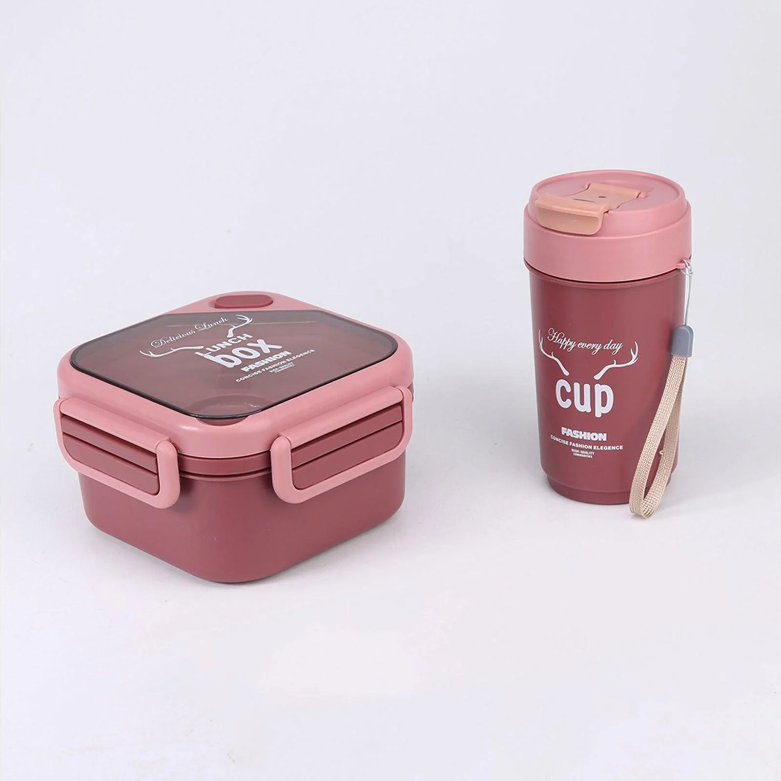 Kids daily bento box with matching tumbler and cutlery set, mauve pink