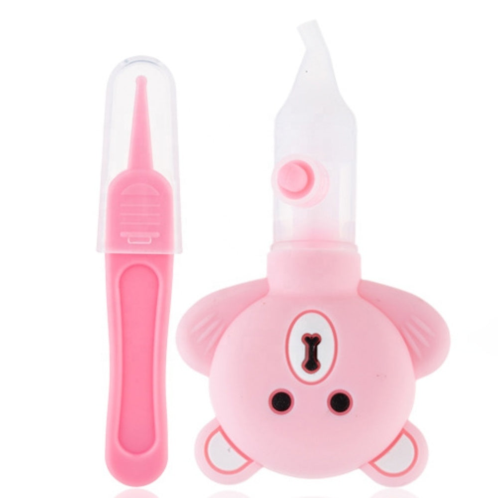 2-in-1 baby nasal aspirator and tweezer care set, soft pink bear