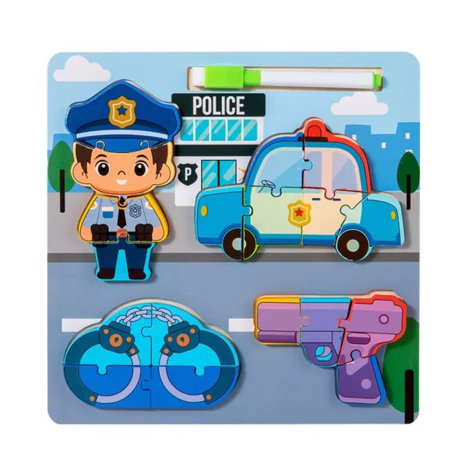 Little Worker career match and draw puzzle board, police officer card