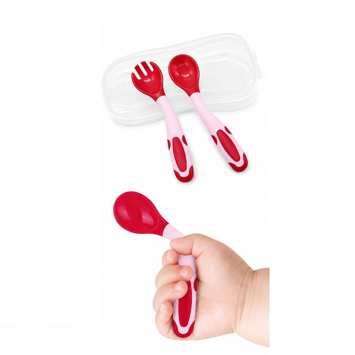 Flexi-Grip thermo-sensing baby spoon and fork set, red