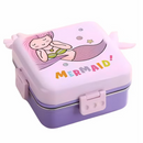 A square metal lunch box with a pastel pink lid featuring a cartoon mermaid illustration and the word 'MERMAID' in colorful letters, with a lavender-purple base and pink latch.